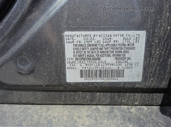 3N1CP5CV3NL505265 2022 NISSAN KICKS Gray წინა ხედი