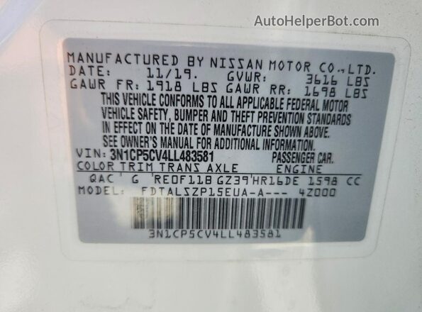 3N1CP5CV4LL483581 2020 NISSAN KICKS White Vista de la etiqueta del VIN