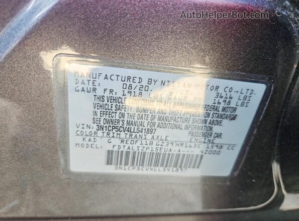 3N1CP5CV4LL541897 2020 NISSAN KICKS Gray VIN sticker view