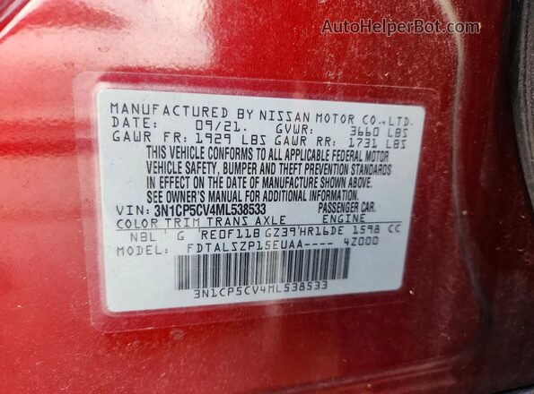 3N1CP5CV4ML538533 2021 NISSAN KICKS Red Vista interior de 360 grados