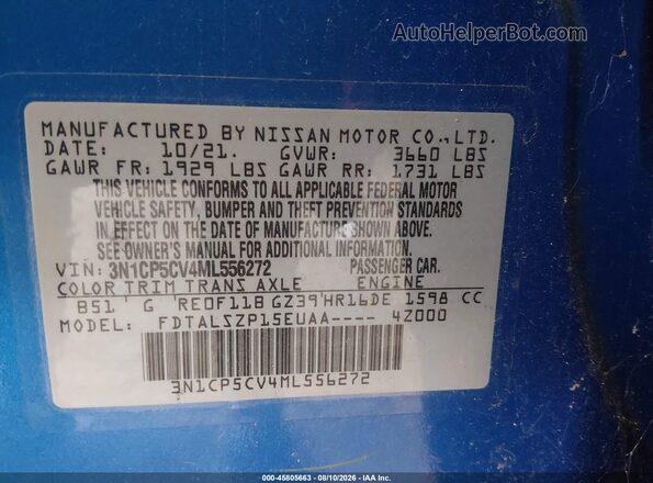 3N1CP5CV4ML556272 2021 NISSAN KICKS Blue Widok komory silnika