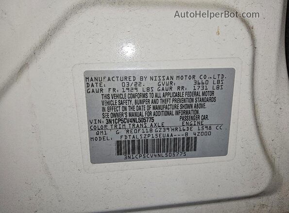 3N1CP5CV4NL505775 2022 NISSAN KICKS White Vista interior de 360 grados