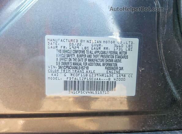 3N1CP5CV4NL515710 2022 NISSAN KICKS Gray Vista interior de 360 grados