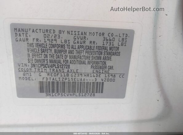 3N1CP5CV4PL512728 2023 NISSAN KICKS White Widok komory silnika