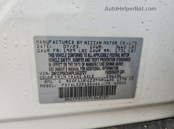 3N1CP5CV4PL563727 2023 NISSAN KICKS White Вид наклейки з VIN-кодом