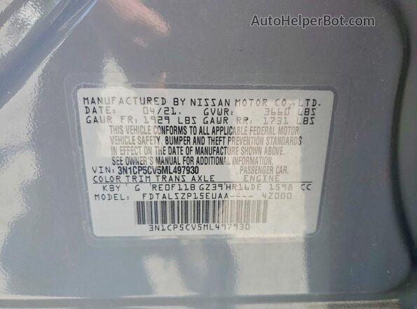 3N1CP5CV5ML497930 2021 NISSAN KICKS Серый Вид наклейки с VIN-кодом