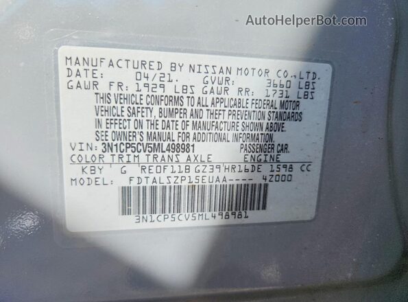 3N1CP5CV5ML498981 2021 NISSAN KICKS Gray Vista de la etiqueta del VIN