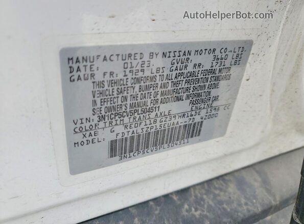 3N1CP5CV5PL504511 2023 NISSAN KICKS White Vista de la etiqueta del VIN