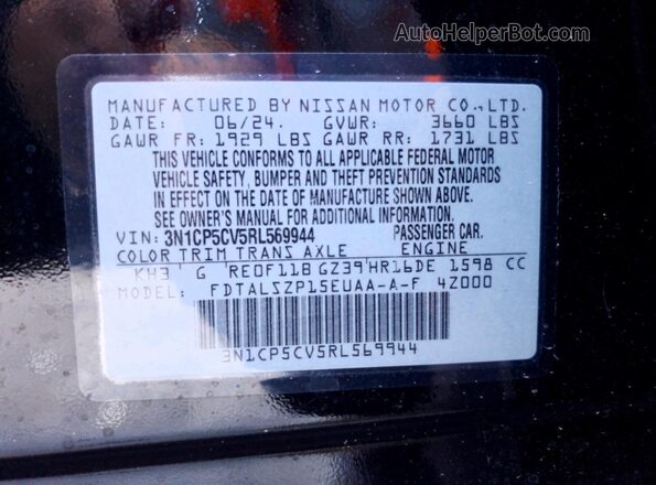 3N1CP5CV5RL569944 2024 NISSAN KICKS Black VIN კოდის სტიკერის ხედი