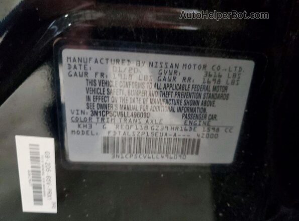 3N1CP5CV6LL496090 2020 NISSAN KICKS Black Vista de la etiqueta del VIN