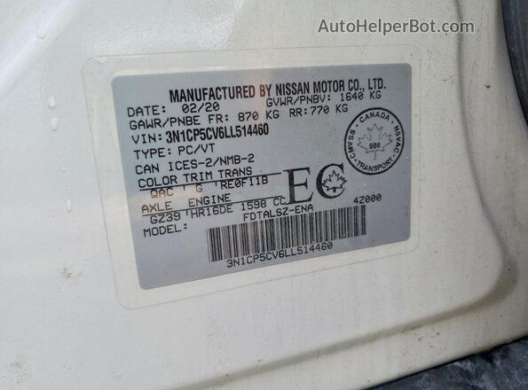 3N1CP5CV6LL514460 2020 NISSAN KICKS White Widok naklejki z numerem VIN