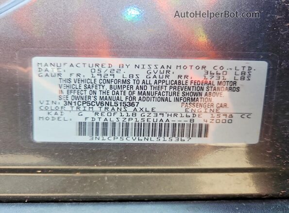 3N1CP5CV6NL515367 2022 NISSAN KICKS Gray Vista del compartimento del motor