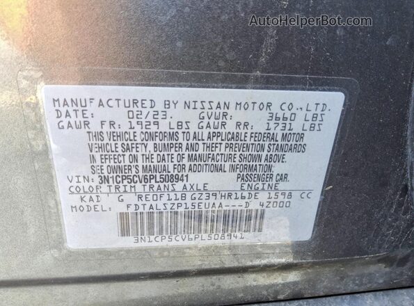 3N1CP5CV6PL508941 2023 NISSAN KICKS Gray VIN კოდის სტიკერის ხედი
