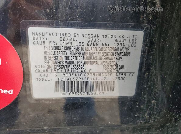 3N1CP5CV7ML535898 2021 NISSAN KICKS Black Вид наклейки з VIN-кодом