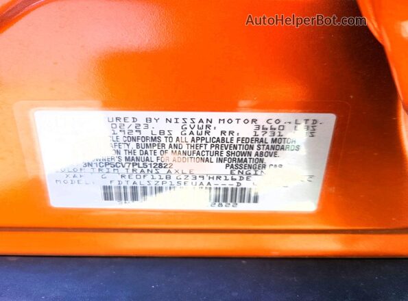 3N1CP5CV7PL512822 2023 NISSAN KICKS Orange VIN կոդի պիտակի տեսք