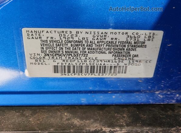 3N1CP5CV7PL537722 2023 NISSAN KICKS Синий Вид наклейки с VIN-кодом
