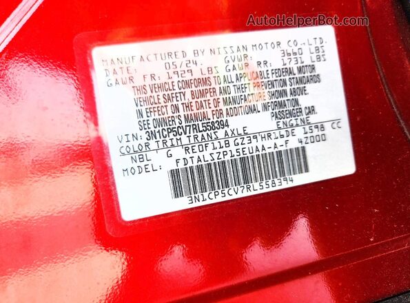 3N1CP5CV7RL558394 2024 NISSAN KICKS Красный Вид наклейки с VIN-кодом