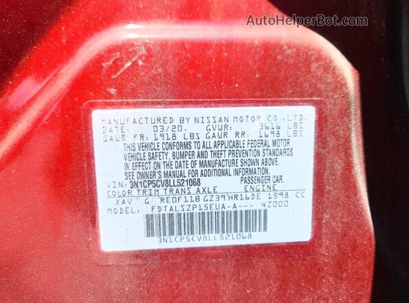 3N1CP5CV8LL521068 2020 NISSAN KICKS Красный Панорамный вид салона 360°
