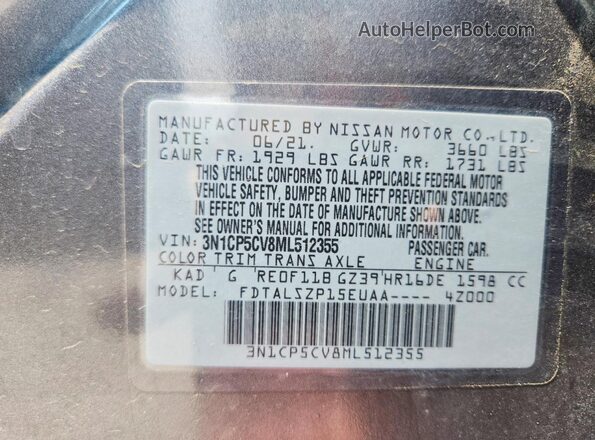 3N1CP5CV8ML512355 2021 NISSAN KICKS Gray Widok naklejki z numerem VIN