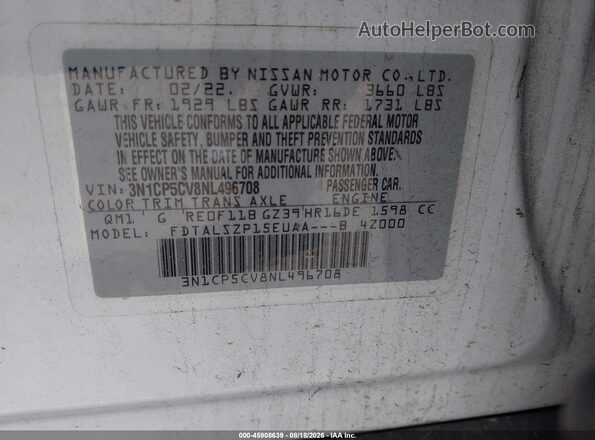 3N1CP5CV8NL496708 2022 NISSAN KICKS White ძრავის განყოფილების ხედი