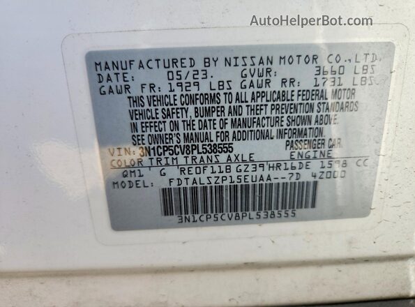 3N1CP5CV8PL538555 2023 NISSAN KICKS White Vista de la etiqueta del VIN