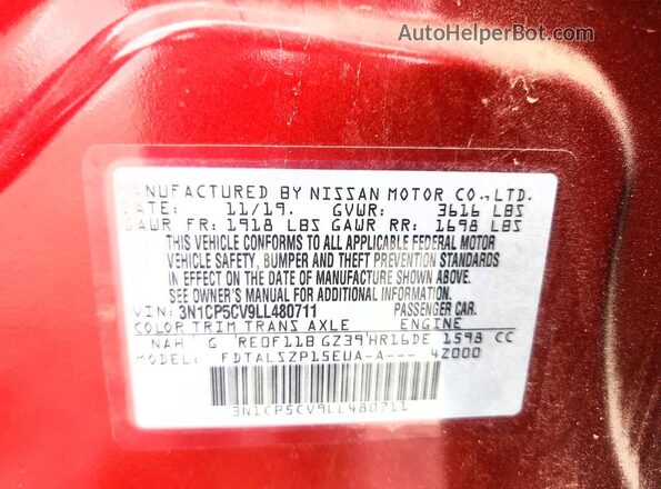 3N1CP5CV9LL480711 2020 NISSAN KICKS Red VIN կոդի պիտակի տեսք