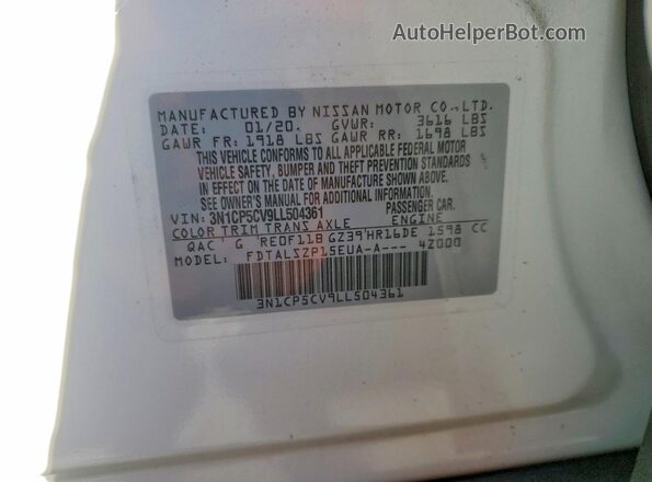 3N1CP5CV9LL504361 2020 NISSAN KICKS White Вид наклейки з VIN-кодом