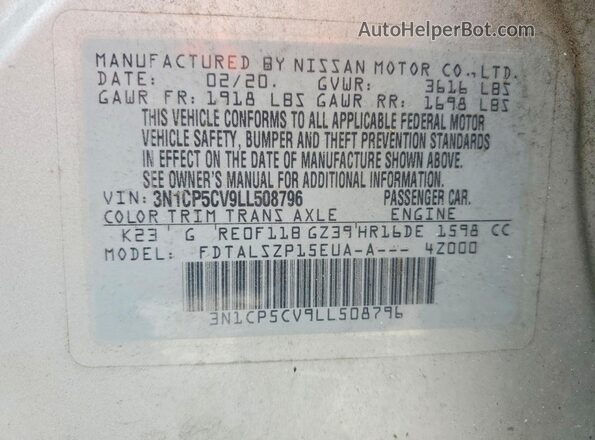 3N1CP5CV9LL508796 2020 NISSAN KICKS Silver Widok naklejki z numerem VIN