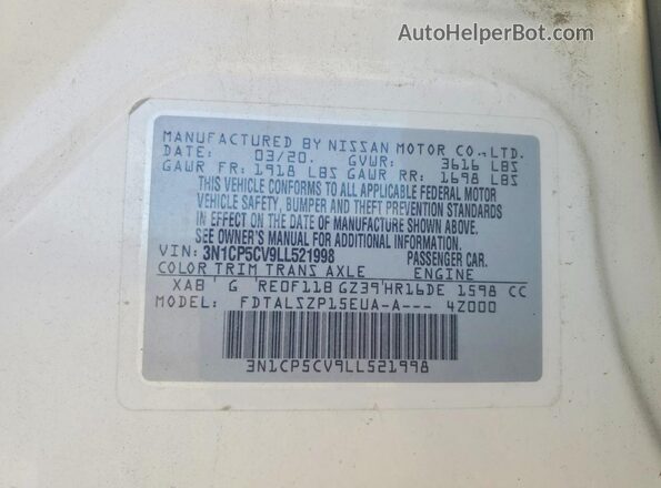 3N1CP5CV9LL521998 2020 NISSAN KICKS White Vista del compartimento del motor