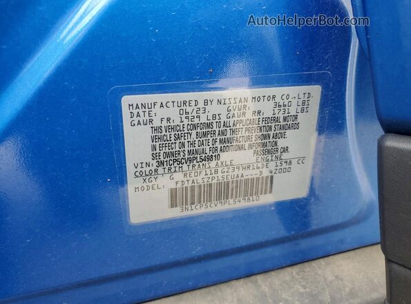 3N1CP5CV9PL549810 2023 NISSAN KICKS Blue Вид наклейки з VIN-кодом