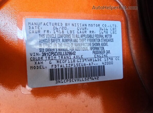 3N1CP5CVXLL529642 2020 NISSAN KICKS Оранжевый Панорамный вид салона 360°