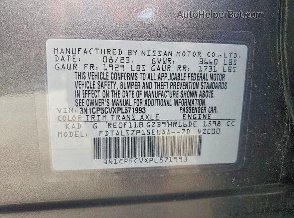 3N1CP5CVXPL571993 2023 NISSAN KICKS Серый Вид наклейки с VIN-кодом