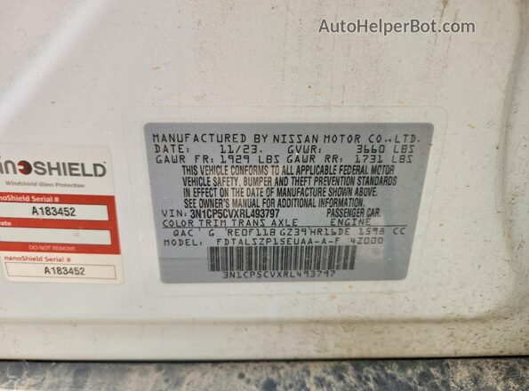 3N1CP5CVXRL493797 2024 NISSAN KICKS White Widok naklejki z numerem VIN