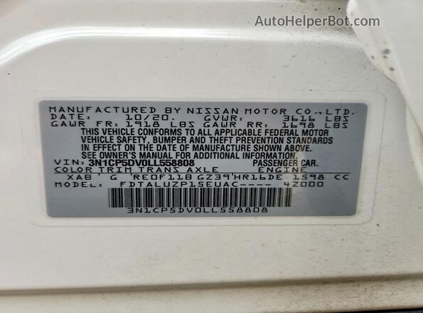 3N1CP5DV0LL558808 2020 NISSAN KICKS White VIN კოდის სტიკერის ხედი