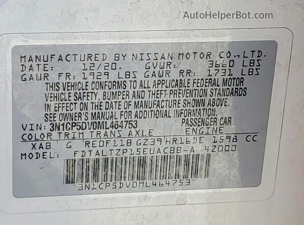 3N1CP5DV0ML464753 2021 NISSAN KICKS White VIN კოდის სტიკერის ხედი