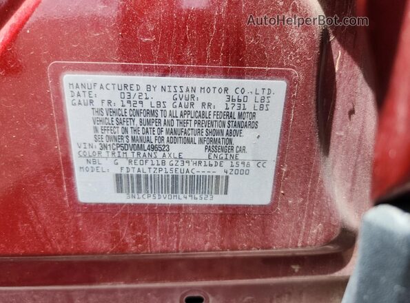 3N1CP5DV0ML496523 2021 NISSAN KICKS Burgundy VIN კოდის სტიკერის ხედი