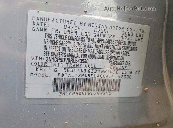 3N1CP5DV0RL543590 2024 NISSAN KICKS Gray Вид наклейки з VIN-кодом