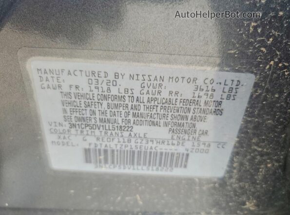 3N1CP5DV1LL518222 2020 NISSAN KICKS Charcoal Vista de la etiqueta del VIN