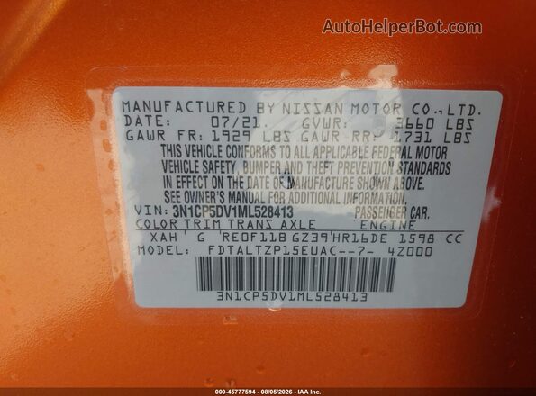 3N1CP5DV1ML528413 2021 NISSAN KICKS Orange Vista del compartimento del motor