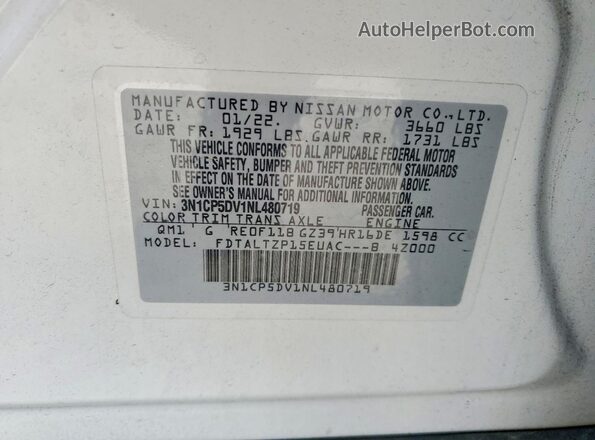 3N1CP5DV1NL480719 2022 NISSAN KICKS White VIN კოდის სტიკერის ხედი