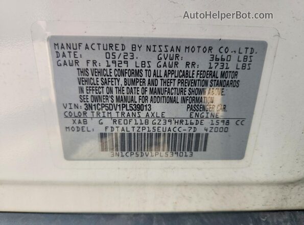 3N1CP5DV1PL539013 2023 NISSAN KICKS White VIN კოდის სტიკერის ხედი