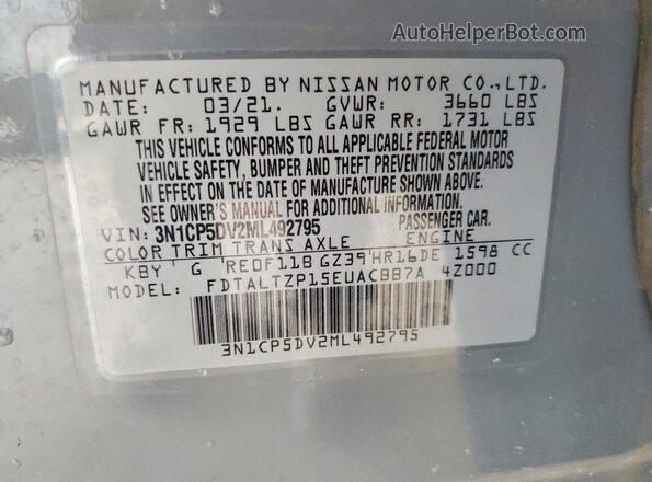 3N1CP5DV2ML492795 2021 NISSAN KICKS Gray Вид наклейки з VIN-кодом