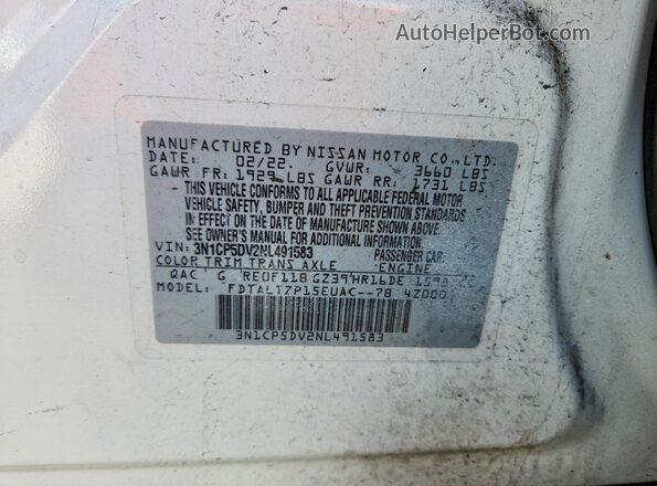 3N1CP5DV2NL491583 2022 NISSAN KICKS White Вид наклейки з VIN-кодом