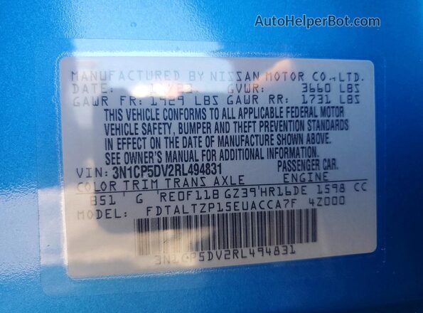3N1CP5DV2RL494831 2024 NISSAN KICKS Blue Vista de la etiqueta del VIN