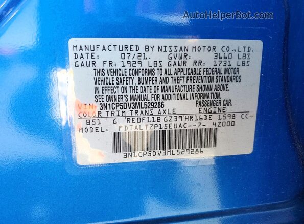 3N1CP5DV3ML529286 2021 NISSAN KICKS Blue Vista del compartimento del motor