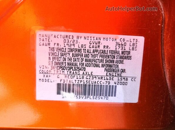3N1CP5DV3PL525470 2023 NISSAN KICKS Orange Widok naklejki z numerem VIN