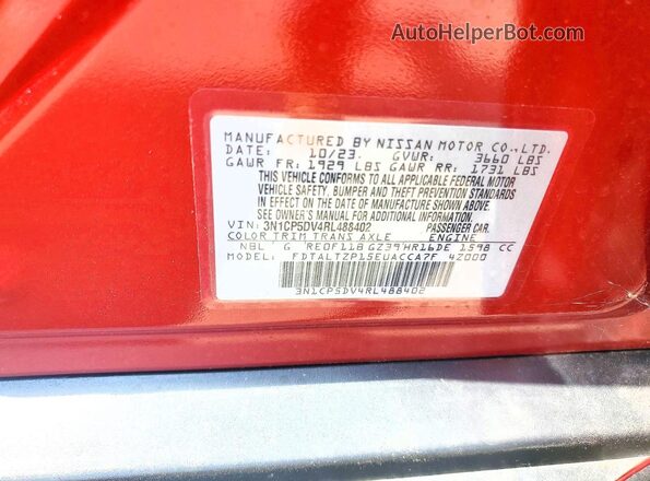 3N1CP5DV4RL488402 2024 NISSAN KICKS Красный Вид наклейки с VIN-кодом