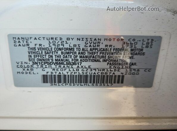 3N1CP5DV6ML553517 2021 NISSAN KICKS Белый Вид наклейки с VIN-кодом