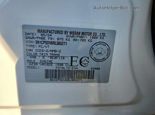 3N1CP5DV6RL565271 2024 NISSAN KICKS White Widok naklejki z numerem VIN