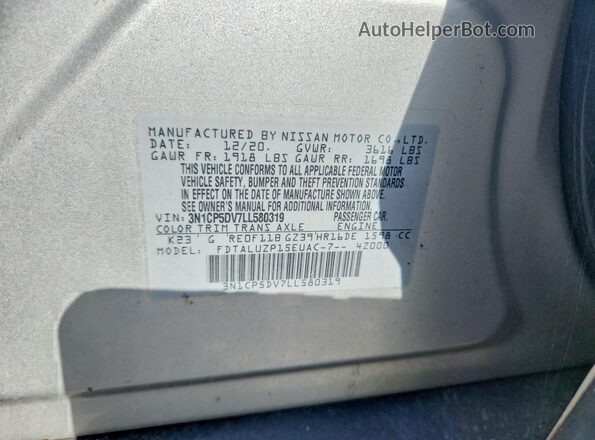 3N1CP5DV7LL580319 2020 NISSAN KICKS Серебряный Вид наклейки с VIN-кодом
